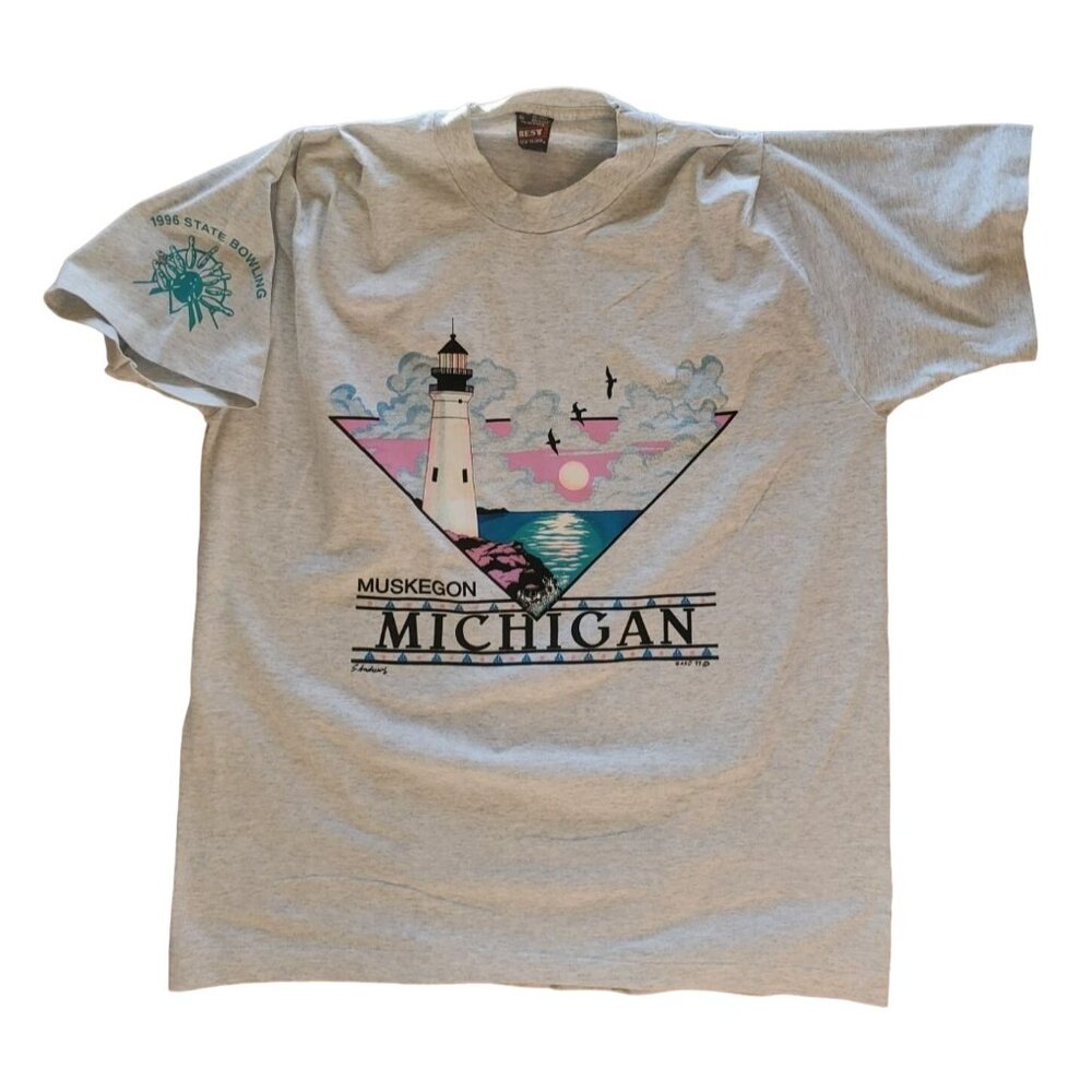 1996 State Bowling T-Shirt Women XL Muskegon Michigan Gray Short Sleeve M